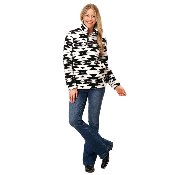 03-098-0250-6195 Roper Women's Polar Fleece 1/4 Zip Pullover - Black & White Aztec