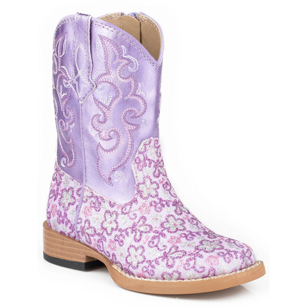 09-017-1901-1520 Roper Toddler Girl's Purple Floral Glitter Metallic Vamp Western Cowgirl Boot