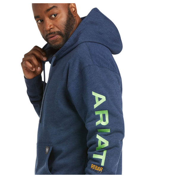 10037645 Ariat Men's Rebar Graphic Hoodie - Navy Heather / Lime