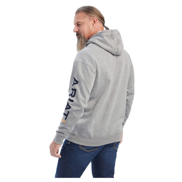 10041627 Ariat Men's Rebar Graphic Hooded Sweatshirt - Heather Grey / Ultramarine