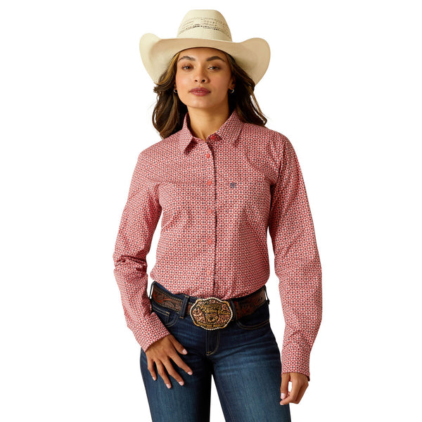 10051332 Ariat Women's Long Sleeve Kirby Stretch Shirt - Garnet Rose Geo
