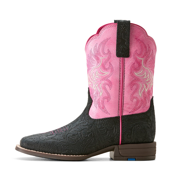 10053622 Ariat Youth Outrider Cowboy Boot - Black Floral Embossed / Painted Peony