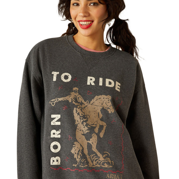 10055291 Ariat Women's Oversized Born To Ride Crew Sweatshirt - Heather Charcoal