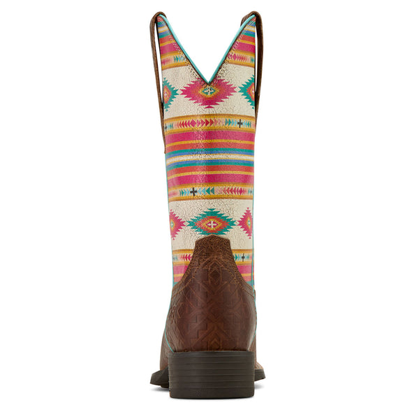 10061221 Ariat Women's Round Up Wide Square Toe StretchFit Western Boot - Tan Southwest Emboss