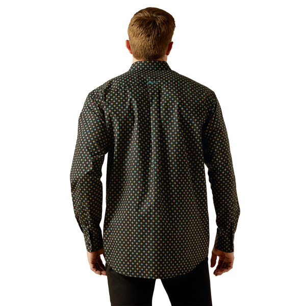 10062253 Ariat Men's Team Philbert Classic Fit Long Sleeve Button Down Shirt - Black Print/Teal