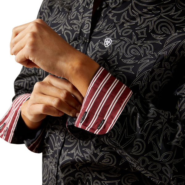 10062539 Ariat Women's Kirby Stretch Long Sleeve Button Shirt - Black Boot Stitch