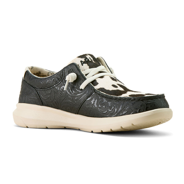 10063882 Ariat Women's Hilo Shoe - Black Floral Emboss with Hide on Cow Print