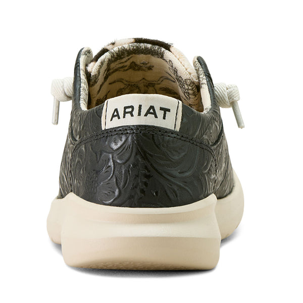 10063882 Ariat Women's Hilo Shoe - Black Floral Emboss with Hide on Cow Print