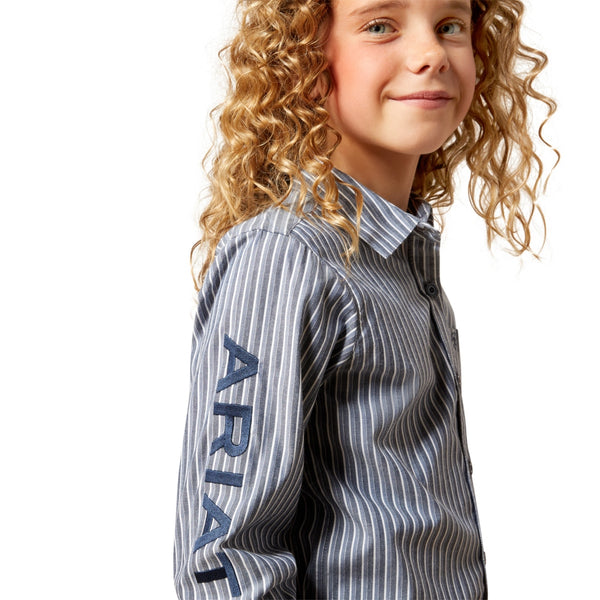 10065834 Ariat Girls' Team Kirby Long Sleeve Button Up Shirt - Dress Blue Stripe