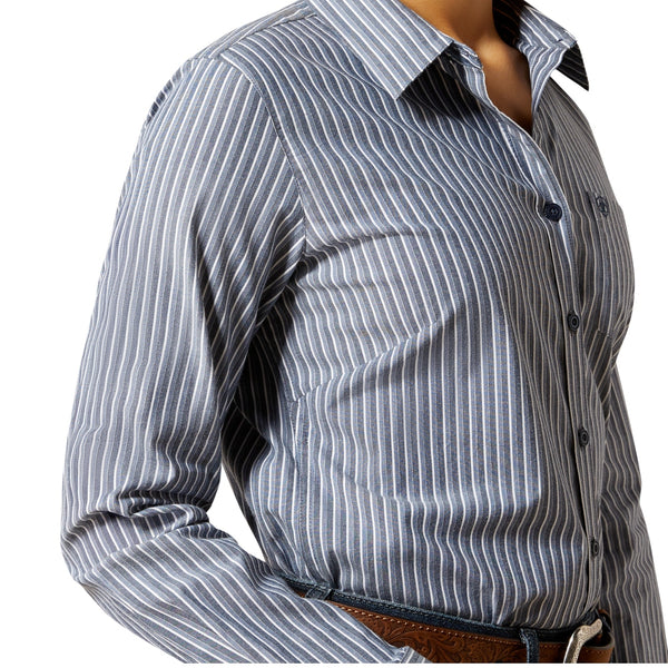 10065840 Ariat Women's Kirby Stretch Long Sleeve Button Shirt - Dress Blue Stripe