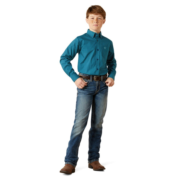10065986 Ariat Boys' Tyce Classic Fit Long Sleeve Button Down Western Shirt - Dark Teal