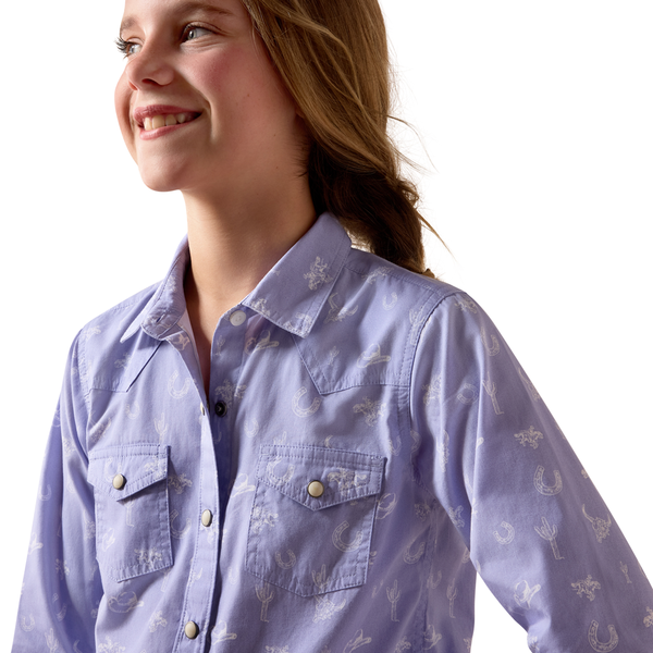 10073448 Ariat Girls' Western Motifs Long Sleeve Snap Shirt - Western Lavender