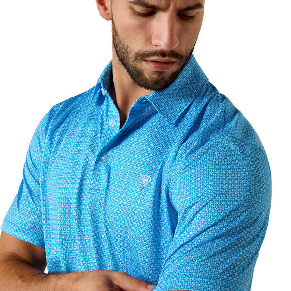 10073468 Ariat Men's All Over Print Short Sleeve Polo - Ibiza Blue Mini Geo Print