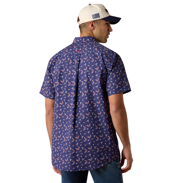 10073534 Ariat Men's Berne Fitted Short Sleeve Shirt - Patriot Blue Americana Print
