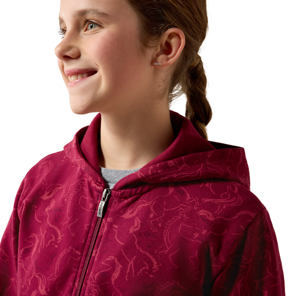 10079115 Ariat Girls' Spiffy Full Zip Hoodie - Beet Red Horsin' Around