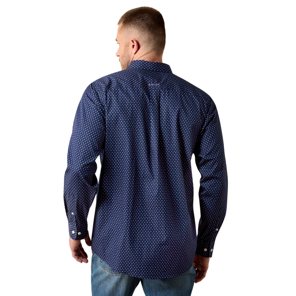10079355 Ariat Men's Wrinkle Free Wes Classic Fit Long Sleeve Buttondown Shirt - Maritime Blue Geo Print