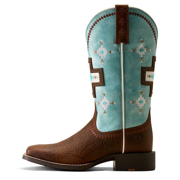 10080300 Ariat Women's Round Up Cantina Wide Square Toe Western Boot - Chestnut Southwest Emboss