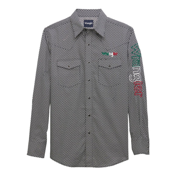 112355381 Wrangler Men's Mexico Logo Long Sleeve Western Snap Shirt - Black & White