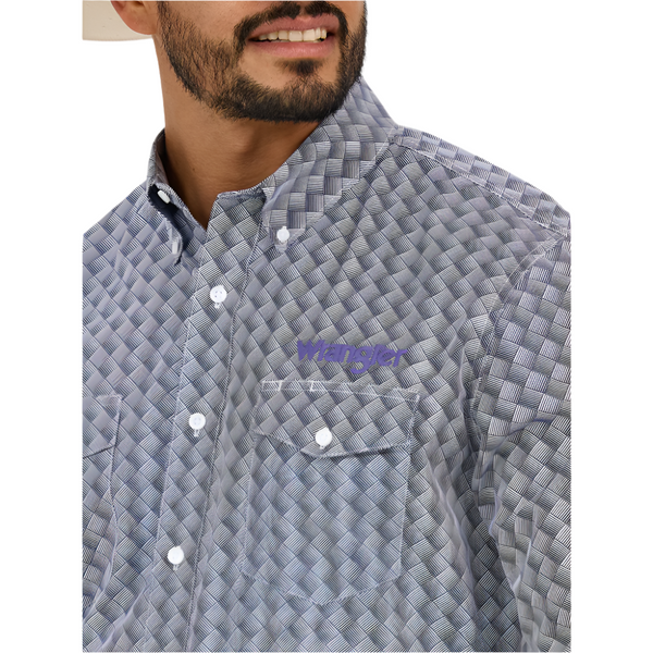 112365838 Wrangler Men's Logo Classic Fit Long Sleeve Buttondown Shirt - Navy/Orchid Print