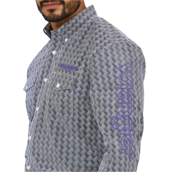 112365838 Wrangler Men's Logo Classic Fit Long Sleeve Buttondown Shirt - Navy/Orchid Print
