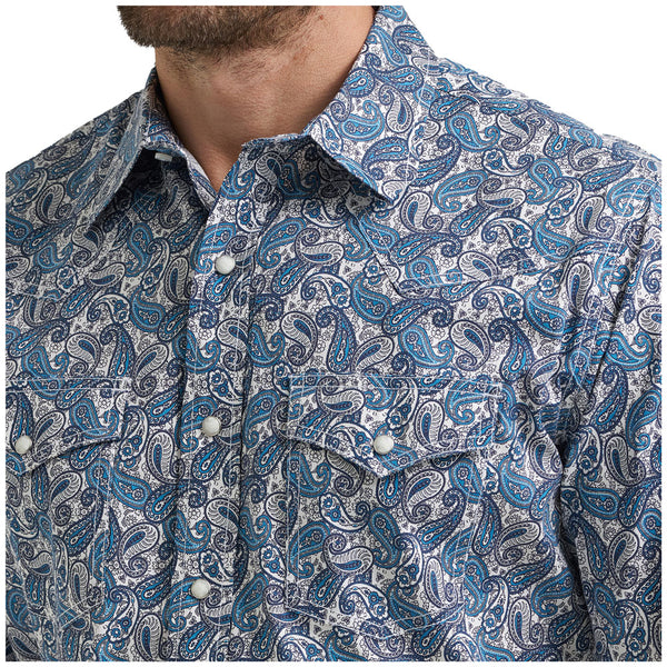 112369481 Wrangler 20X Men's Competition Advanced Comfort Classic Fit Long Sleeve Shirt - White/Blue Paisley