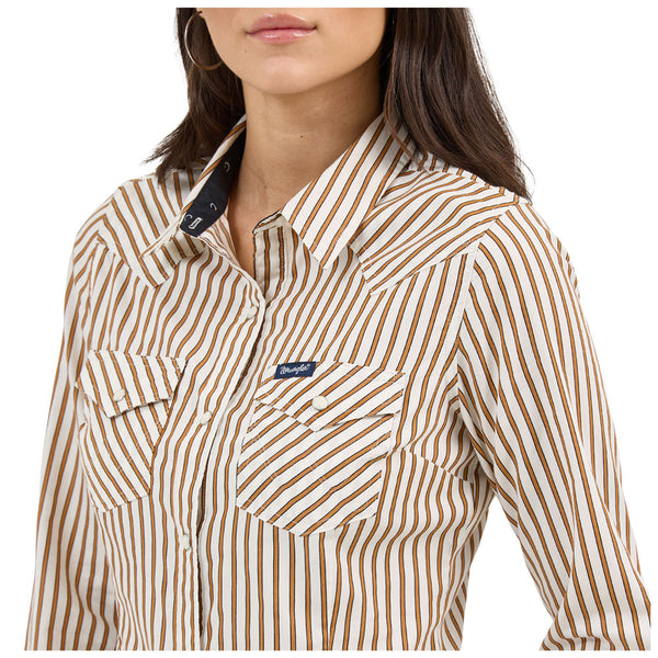 112371901 Wrangler Women's Retro Western Dress Long Sleeve Snap Shirt - Brown Stripe