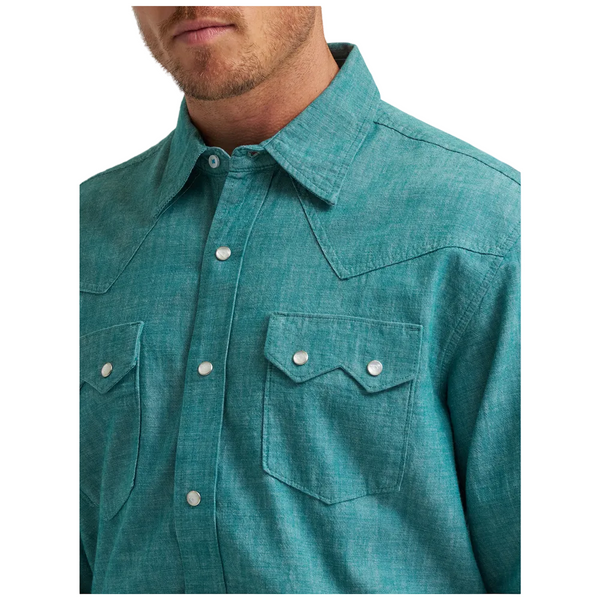 112374496 Wrangler® X Cody Johnson Men's Long Sleeve Classic Fit Snap Shirt - Teal