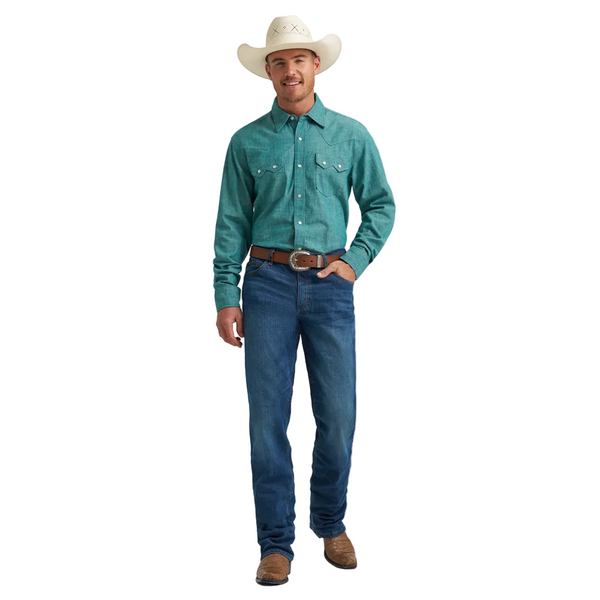112374496 Wrangler® X Cody Johnson Men's Long Sleeve Classic Fit Snap Shirt - Teal