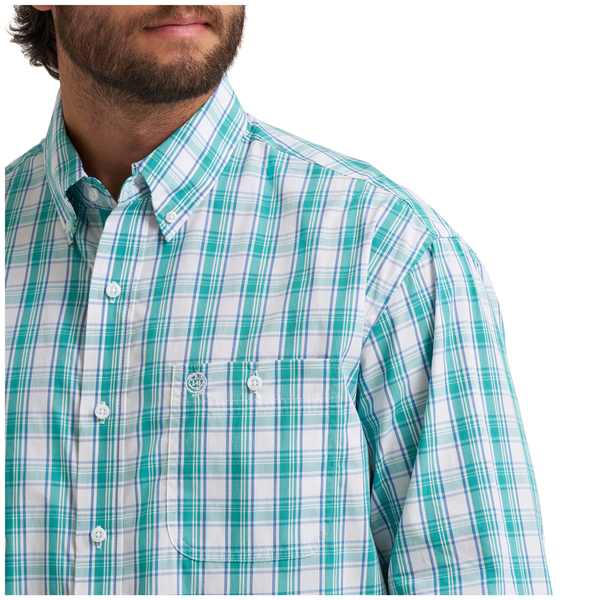 112374594 Wrangler® Men's George Strait Collection One Pocket Long Sleeve Button Down Shirt - Teal