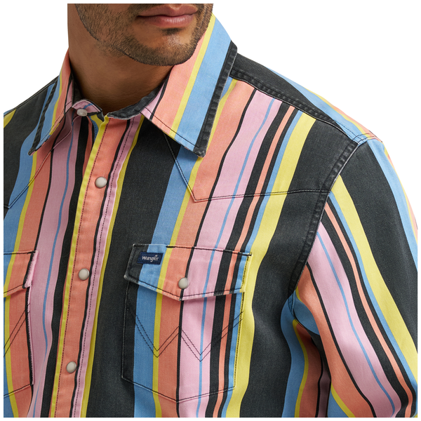 112374803 Wrangler Men's Vintage Inspired Brushpopper Long Sleeve Classic Fit Snap Shirt - Black Multi Stripe