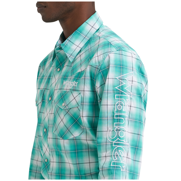 112374857 Wrangler Men's Long Sleeve Logo Snap Shirt - Turquoise