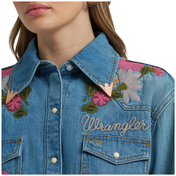 112375521 Wrangler X Lainey Wilson Women's Embroidered Denim Western Snap Shirt - Denim