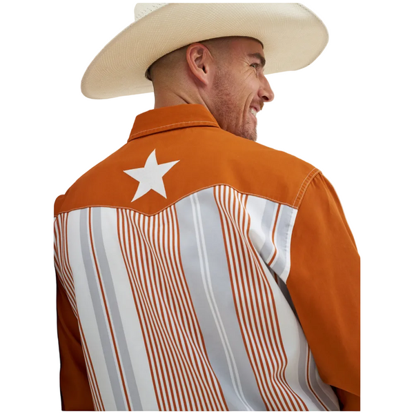 112381500 Wrangler Men's Classic Fit Vintage Inspired Brushpopper Long Sleeve Shirt - Texas Lone Star Orange Stripe