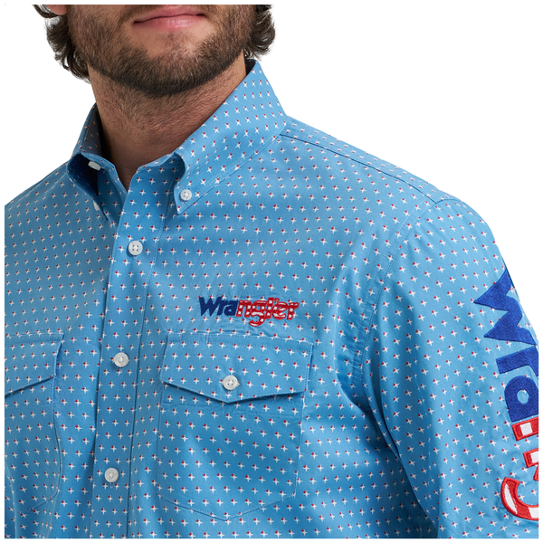 112381985 Wrangler Men's Long Sleeve Logo Button Down Western Shirt - Blue