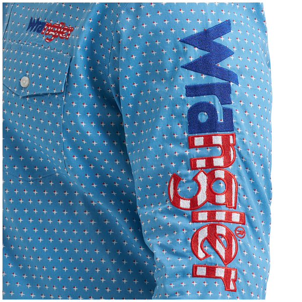 112381985 Wrangler Men's Long Sleeve Logo Button Down Western Shirt - Blue