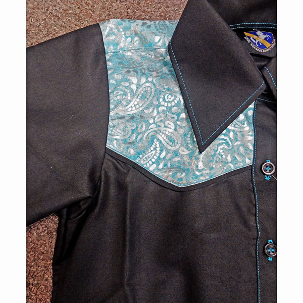 209329 Royal Highness Girls Black and Turquoise Yoke Long Sleeve Button Down Shirt