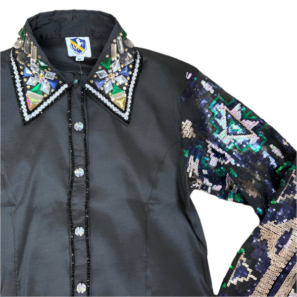 38422 Royal Highness Girl's Taffeta Show Shirt with Sheer Sleeves - Black