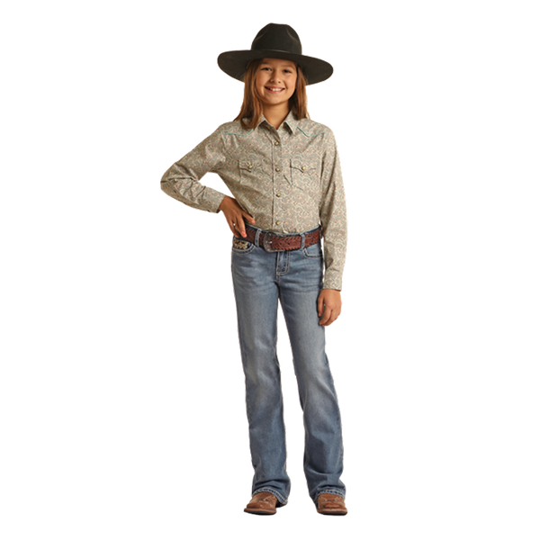 BG4MD02552 Rock & Roll Denim Girls Mid Rise Bootcut Jean with Fancy Cheetah Embroidery