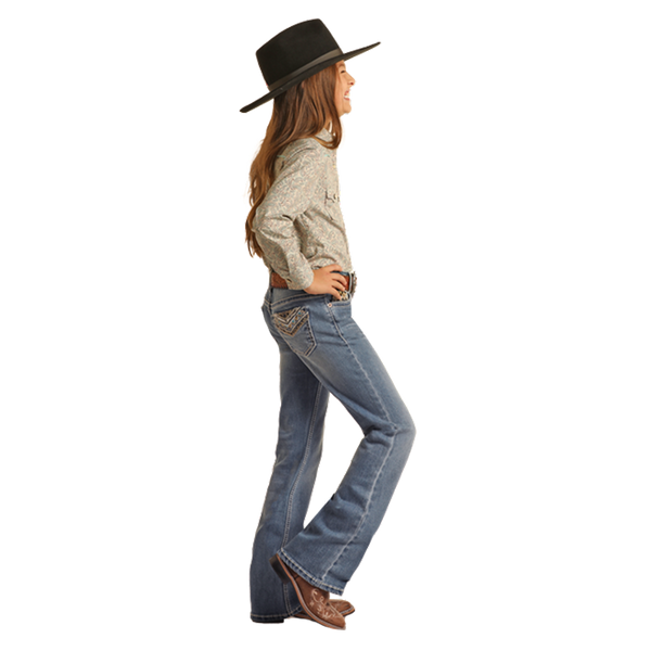 BG4MD02552 Rock & Roll Denim Girls Mid Rise Bootcut Jean with Fancy Cheetah Embroidery