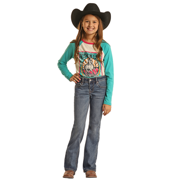 BG4MD02553 Rock & Roll Denim Girls Bootcut Mid Rise Jeans with Pedal Stitch Embroidery