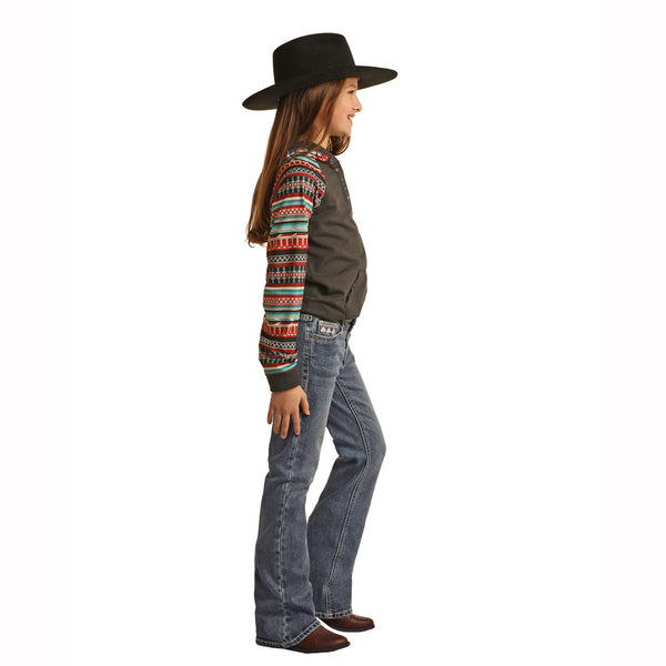 BG4MD03062 Rock & Roll Denim Girls' Ivory Aztec Embroidered Bootcut Jeans