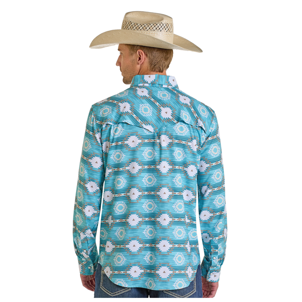 BMN2S06433 Rock & Roll Men's Long Sleeve Aztec Print Western Snap Shirt - Turquoise