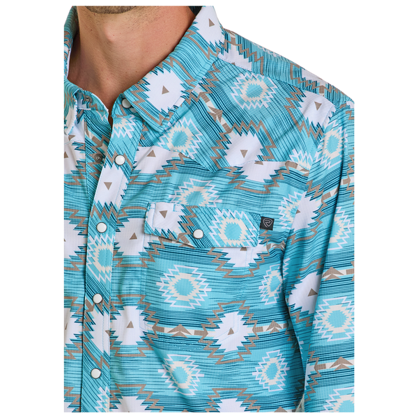 BMN2S06433 Rock & Roll Men's Long Sleeve Aztec Print Western Snap Shirt - Turquoise
