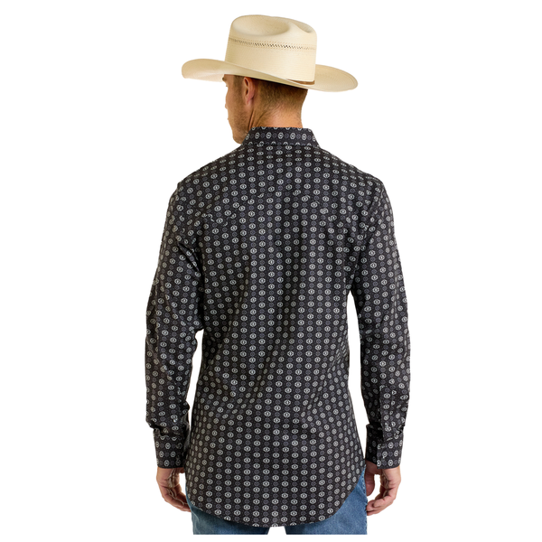 BMN2S06472 Rock & Roll Men's Long Sleeve Snap Shirt - Black Mini Aztec Print