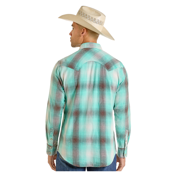 BMN2S06485 Rock & Roll Men's Long Sleeve Double Plaid Western Snap Shirt - Turquoise
