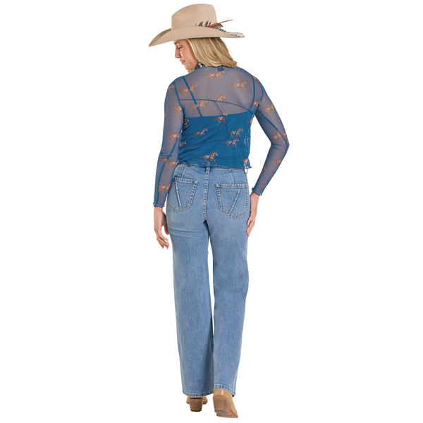 BW22T08109 Rock & Roll Women's Horse Print Long Sleeve Top - Blue