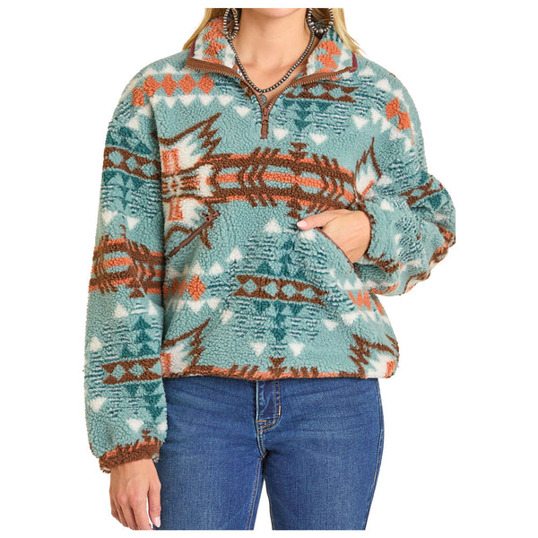 BW91C07014 Rock & Roll Women's Aztec Print Sherpa Long Sleeve 1/4 Zip - Stillwater