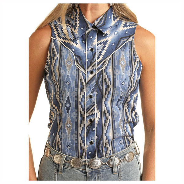 BWN0S03932 Rock & Roll Ladies Sleeveless Aztec Print Snap Shirt - Blue