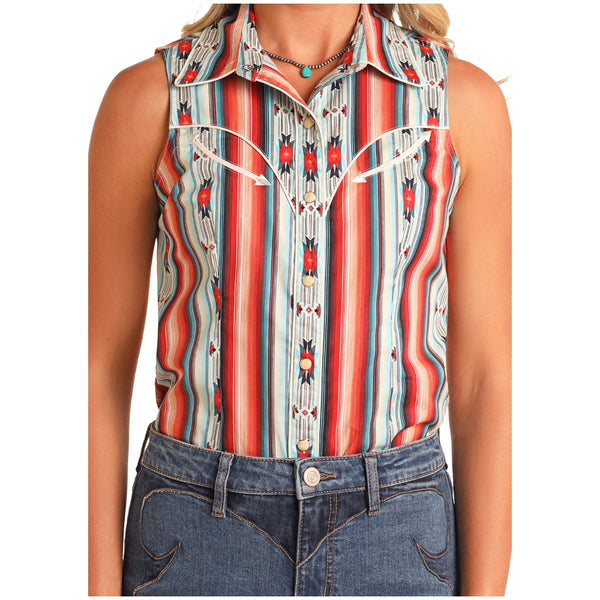 BWN0S05863 Rock & Roll Women's Aztec Stripe Sleeveless Snap Shirt - Red