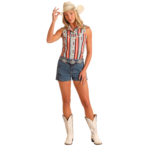 BWN0S05863 Rock & Roll Women's Aztec Stripe Sleeveless Snap Shirt - Red